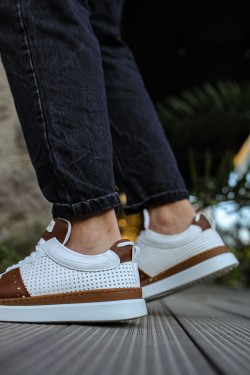 CH201 Hercules Erkek Günlük Bağcıklı Cilt Spor Sneaker Ayakkabı CBT - Beyaz/Taba