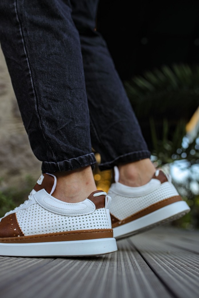 CH201 Hercules Erkek Günlük Bağcıklı Cilt Spor Sneaker Ayakkabı CBT - Beyaz/Taba