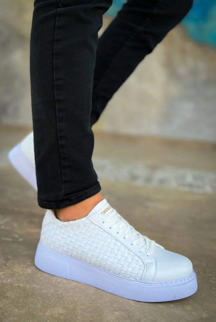 CH203 Maglieria Erkek Günlük Bağcıklı Cilt Spor Sneaker Ayakkabı CBT - Beyaz