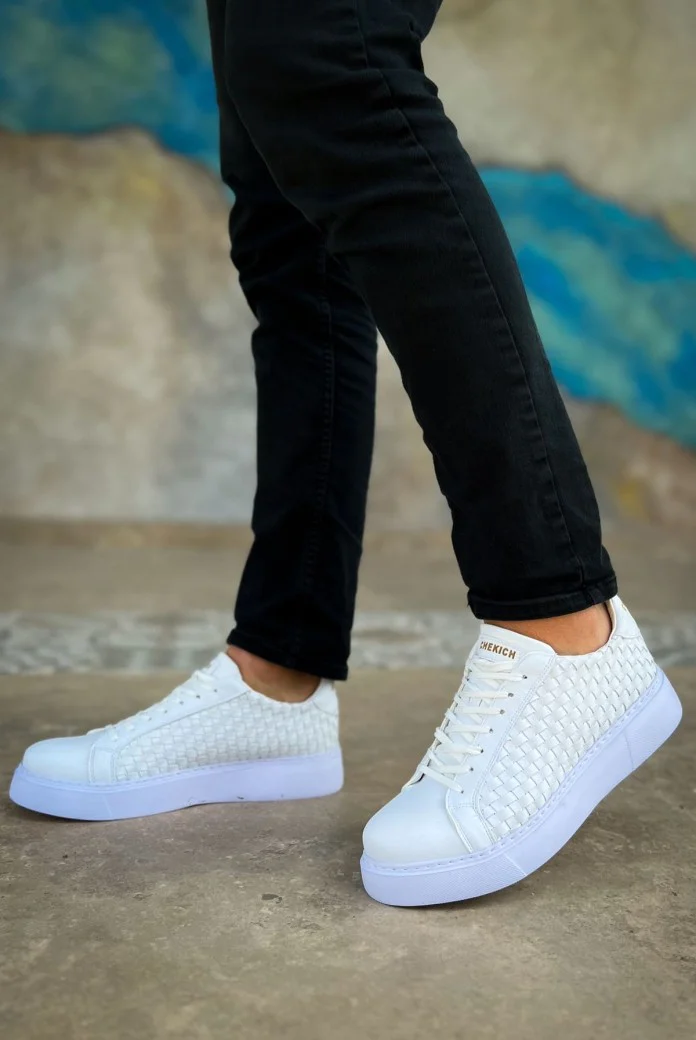 CH203 Maglieria Erkek Günlük Bağcıklı Cilt Spor Sneaker Ayakkabı CBT - Beyaz