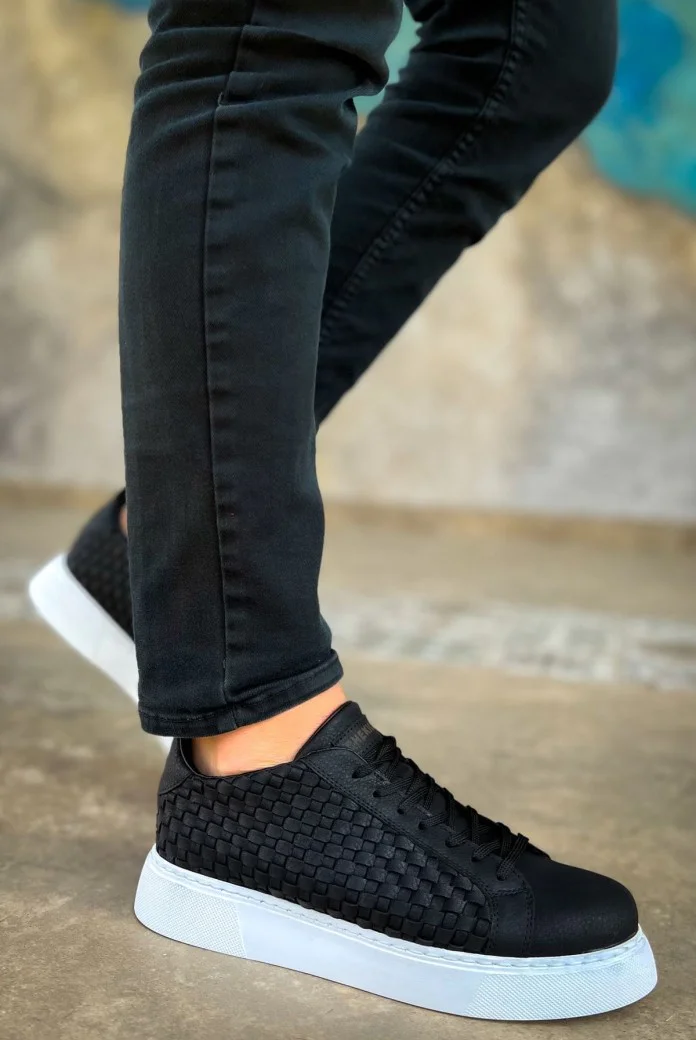 CH203 Maglieria Erkek Günlük Bağcıklı Cilt Spor Sneaker Ayakkabı CBT - Siyah