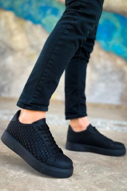 CH203 Maglieria Erkek Günlük Bağcıklı Cilt Spor Sneaker Ayakkabı CST - Siyah