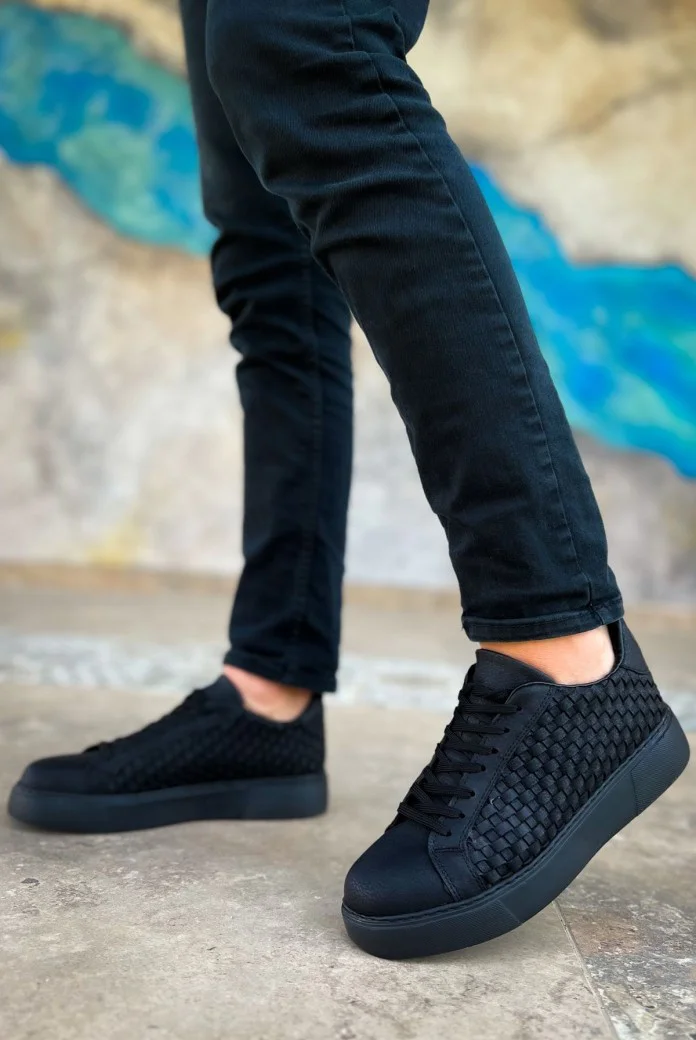 CH203 Maglieria Erkek Günlük Bağcıklı Cilt Spor Sneaker Ayakkabı CST - Siyah