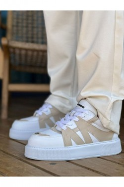 CH2407 Star-X Erkek Günlük Bağcıklı Cilt Spor Sneaker Ayakkabı CBT - Beyaz/Bej