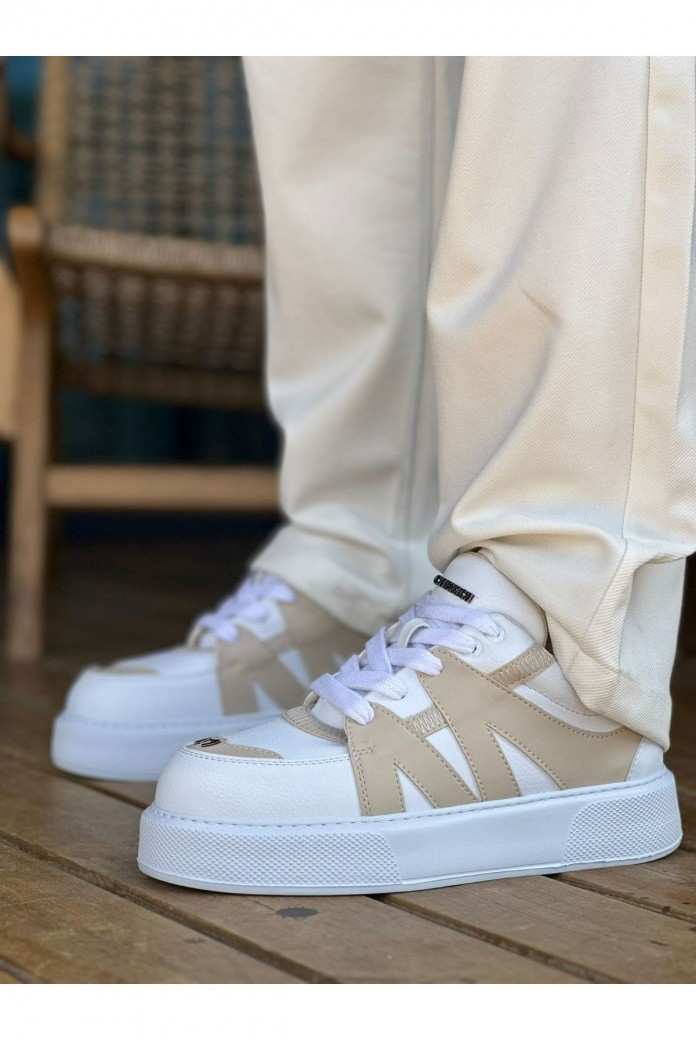CH2407 Star-X Erkek Günlük Bağcıklı Cilt Spor Sneaker Ayakkabı CBT - Beyaz/Bej