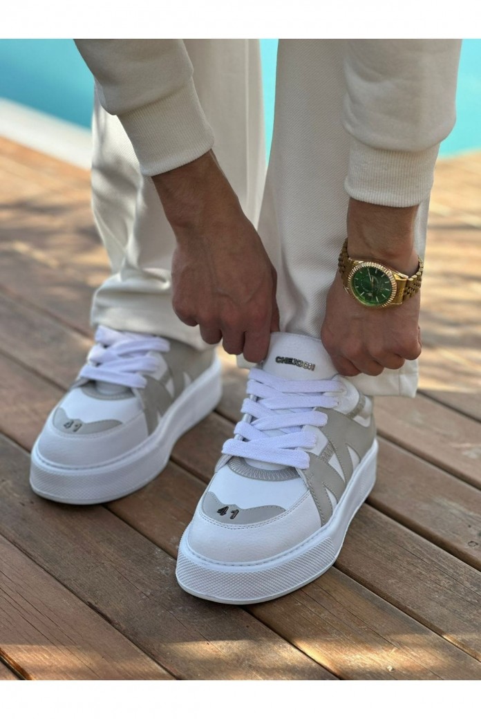 CH2407 Star-X Erkek Günlük Bağcıklı Cilt Spor Sneaker Ayakkabı CBT - Beyaz/Gri
