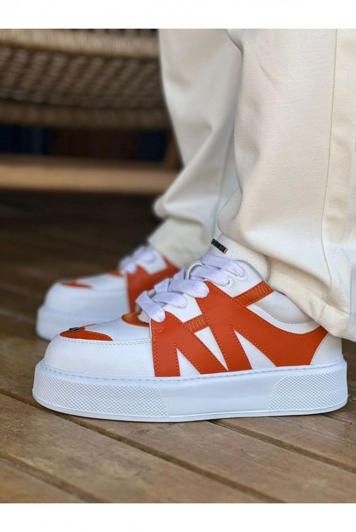 CH2407 Star-X Erkek Günlük Bağcıklı Cilt Spor Sneaker Ayakkabı CBT - Beyaz/Turuncu