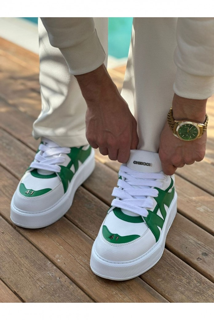 CH2407 Star-X Erkek Günlük Bağcıklı Cilt Spor Sneaker Ayakkabı CBT - Beyaz/Yeşil