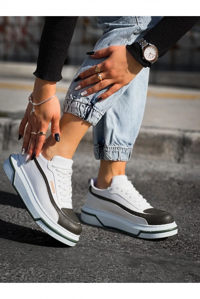 CH241 Signature Line Up Erkek Günlük Bağcıklı Cilt Spor Sneaker Ayakkabı CBT - Beyaz/Haki