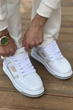CH2410 Avax Erkek Günlük Bağcıklı Cilt Spor Sneaker Ayakkabı CBT - Beyaz/Bej