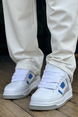 CH2410 Avax Erkek Günlük Bağcıklı Cilt Spor Sneaker Ayakkabı CBT - Beyaz/Mavi