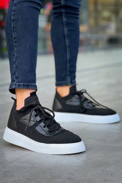 CH2425 Yezz Erkek Günlük Bağcıklı Triko Spor Sneaker Ayakkabı TBT - Siyah