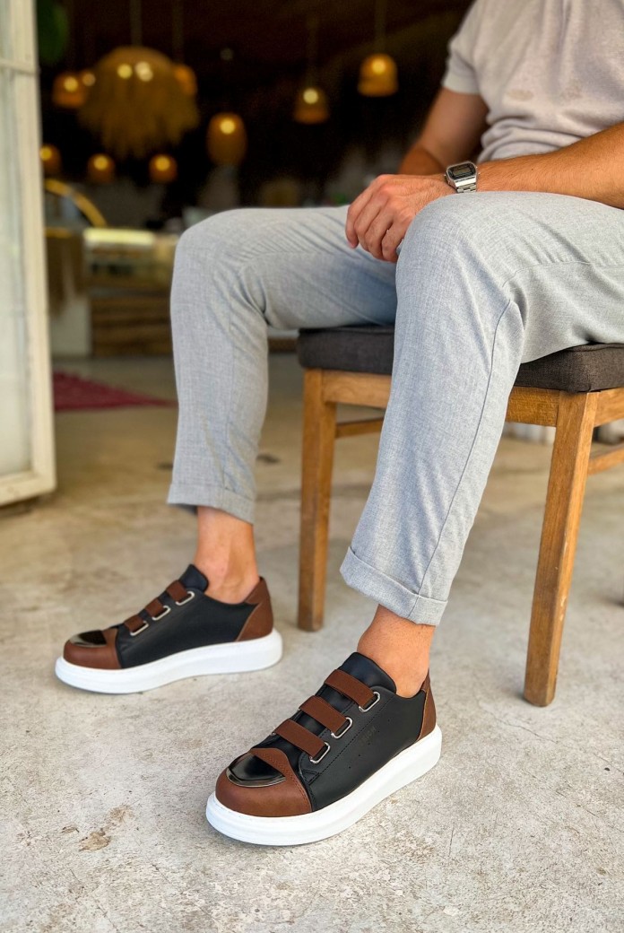 CH251 Mirror Erkek Günlük Lastikli Cilt Spor Sneaker Ayakkabı CBT - Siyah/Taba