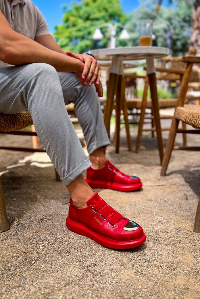 CH251 Mirror Erkek Günlük Lastikli Cilt Spor Sneaker Ayakkabı CKT - Kırmızı