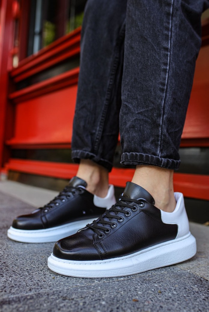 CH256 Estrella Erkek Günlük Bağcıklı Cilt Spor Sneaker Ayakkabı CBT - Siyah/Beyaz