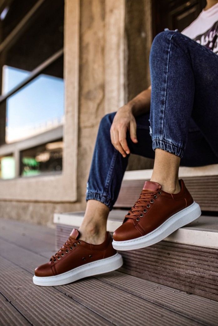 CH257 Estrellas Erkek Günlük Bağcıklı Cilt Spor Sneaker Ayakkabı CBT - Taba