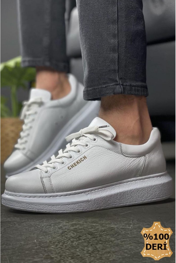 CH257 Estrellas Erkek Günlük Bağcıklı Hakiki Deri Spor Sneaker Ayakkabı DBT - Beyaz