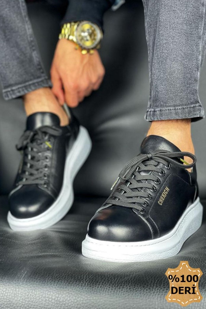 CH257 Estrellas Erkek Günlük Bağcıklı Hakiki Deri Spor Sneaker Ayakkabı DBT - Siyah