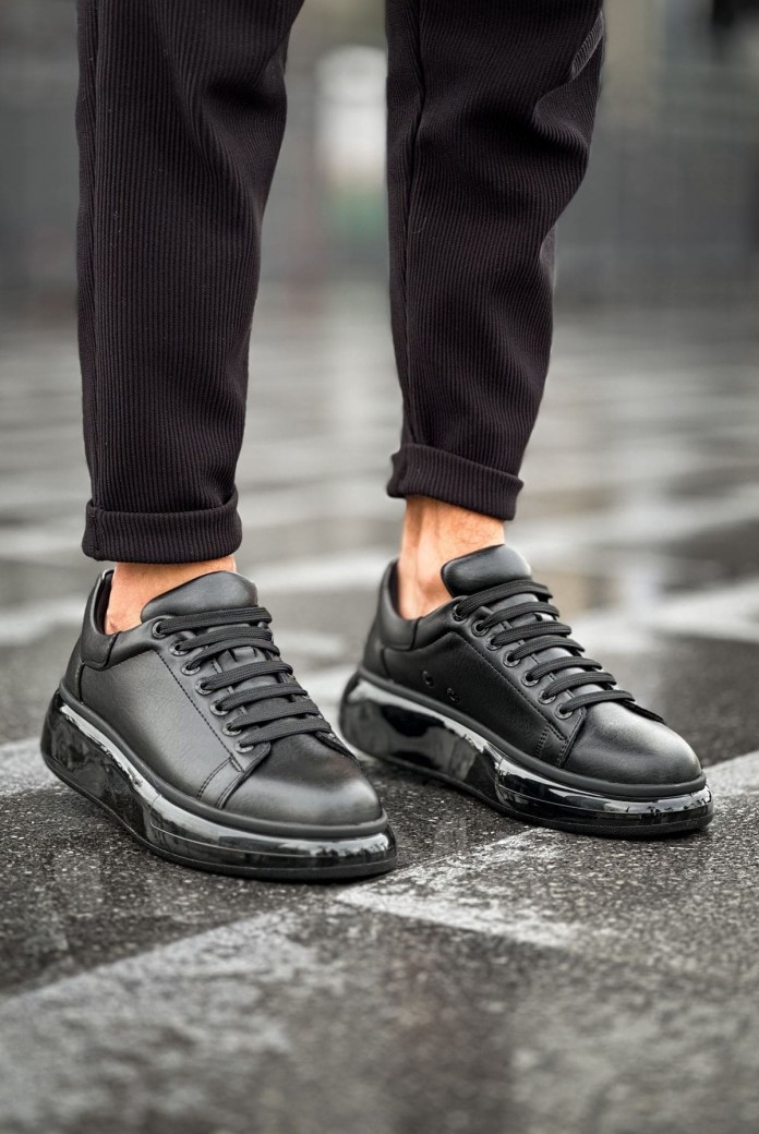 CH295 Sollıevo Erkek Günlük Bağcıklı Cilt Spor Sneaker Ayakkabı CST - Siyah