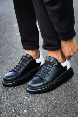 CH295 Sollıevo Erkek Günlük Bağcıklı Cilt Spor Sneaker Ayakkabı CST - Siyah/Beyaz