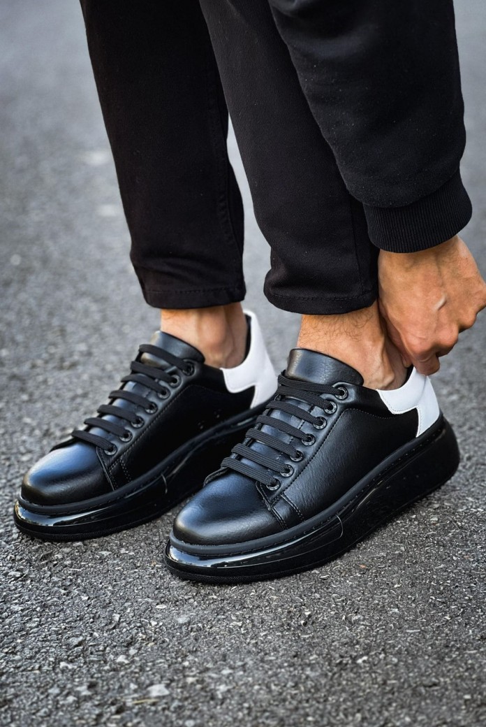 CH295 Sollıevo Erkek Günlük Bağcıklı Cilt Spor Sneaker Ayakkabı CST - Siyah/Beyaz