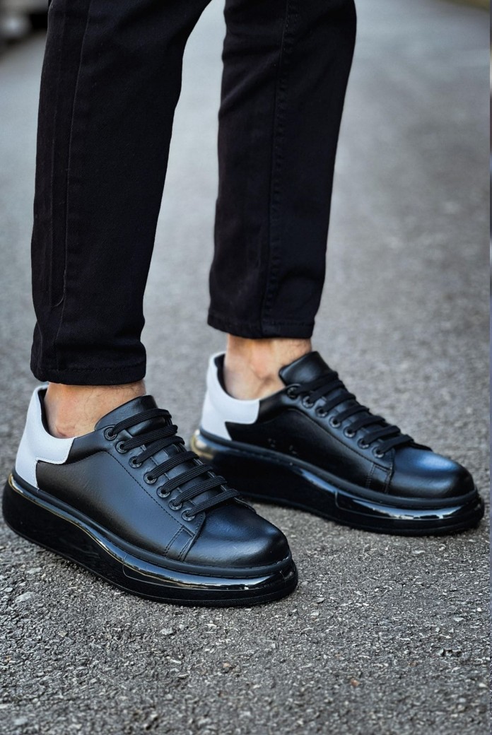 CH295 Sollıevo Erkek Günlük Bağcıklı Cilt Spor Sneaker Ayakkabı CST - Siyah/Beyaz