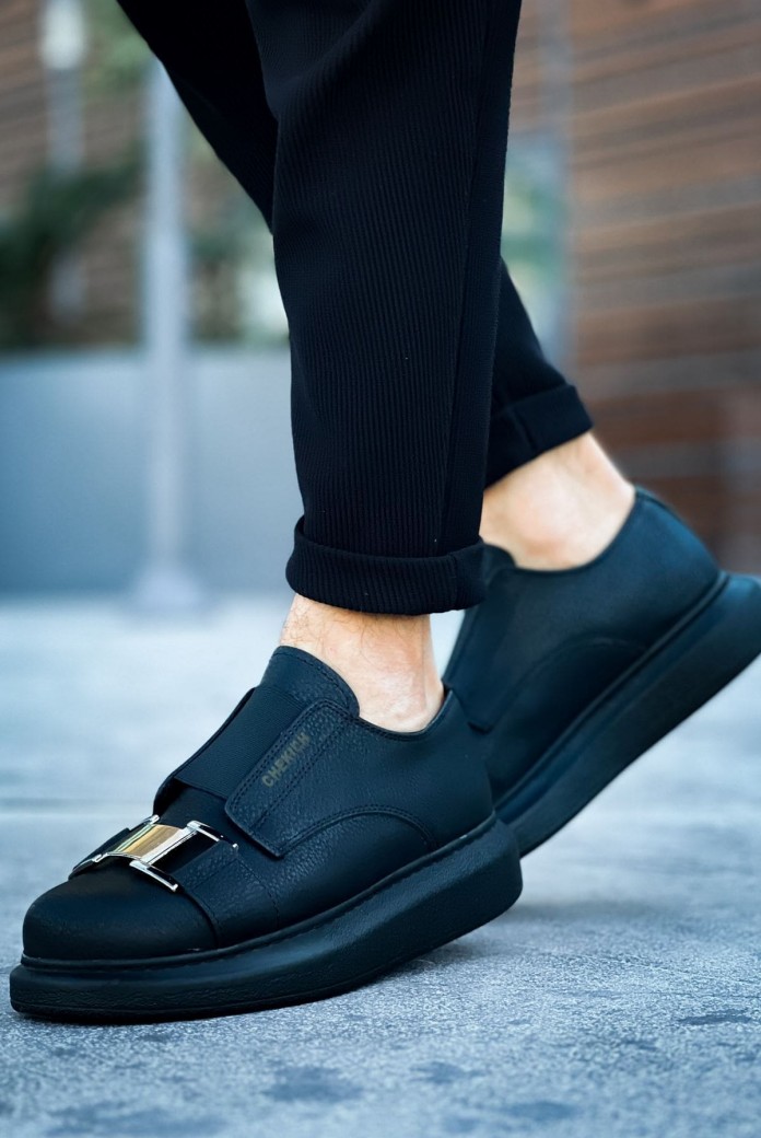 CH297 Verona Erkek Günlük Lastikli Tokalı Cilt Spor Sneaker Ayakkabı CST - Siyah
