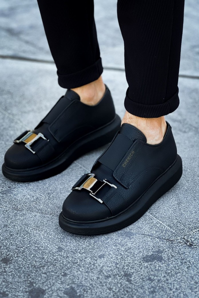 CH297 Verona Erkek Günlük Lastikli Tokalı Cilt Spor Sneaker Ayakkabı CST - Siyah