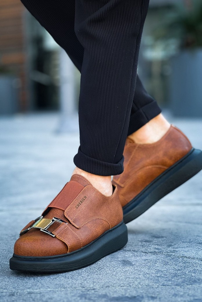 CH297 Verona Erkek Günlük Lastikli Tokalı Cilt Spor Sneaker Ayakkabı CST - Taba
