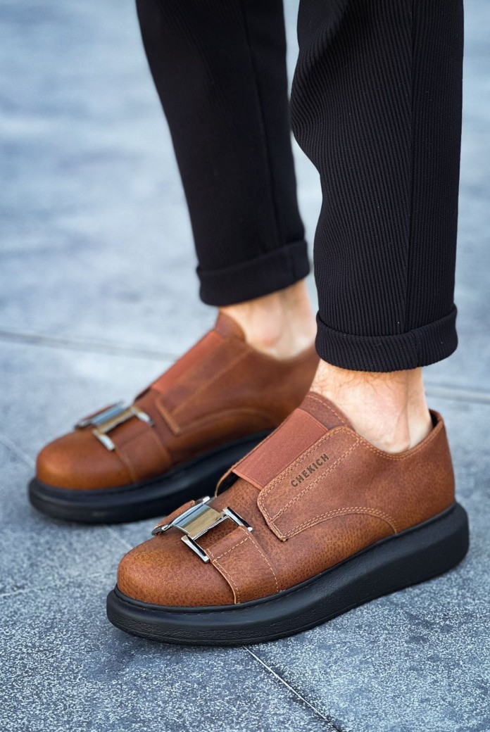 CH297 Verona Erkek Günlük Lastikli Tokalı Cilt Spor Sneaker Ayakkabı CST - Taba