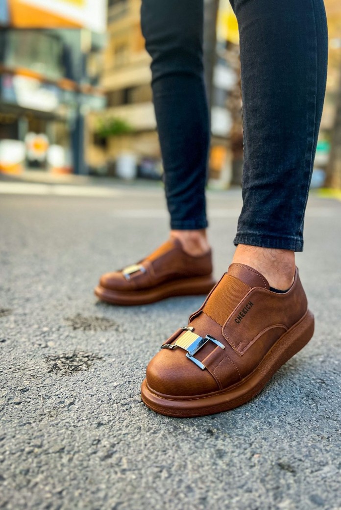 CH297 Verona Erkek Günlük Lastikli Tokalı Cilt Spor Sneaker Ayakkabı CTT - Taba