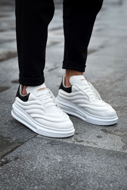 CH299 Sollıevos Erkek Günlük Bağcıklı Cilt Spor Sneaker Ayakkabı CBT - Beyaz/Siyah