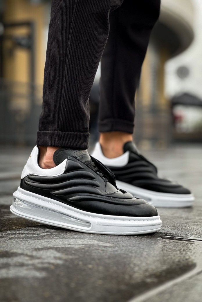 CH299 Sollıevos Erkek Günlük Bağcıklı Cilt Spor Sneaker Ayakkabı CBT - Siyah/Beyaz