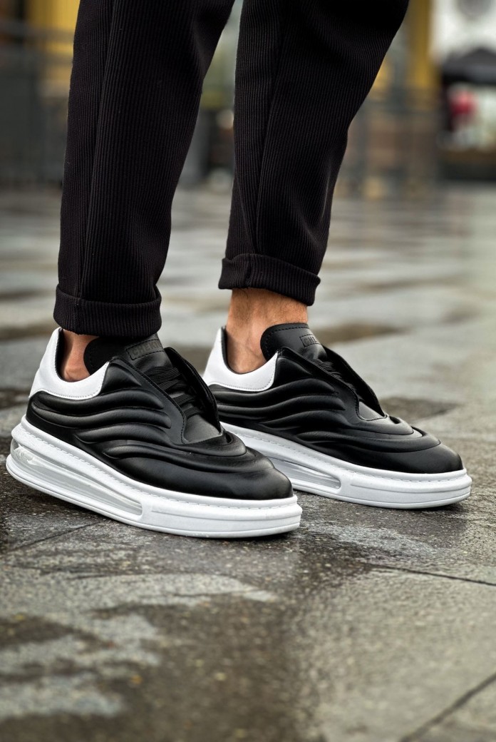 CH299 Sollıevos Erkek Günlük Bağcıklı Cilt Spor Sneaker Ayakkabı CBT - Siyah/Beyaz