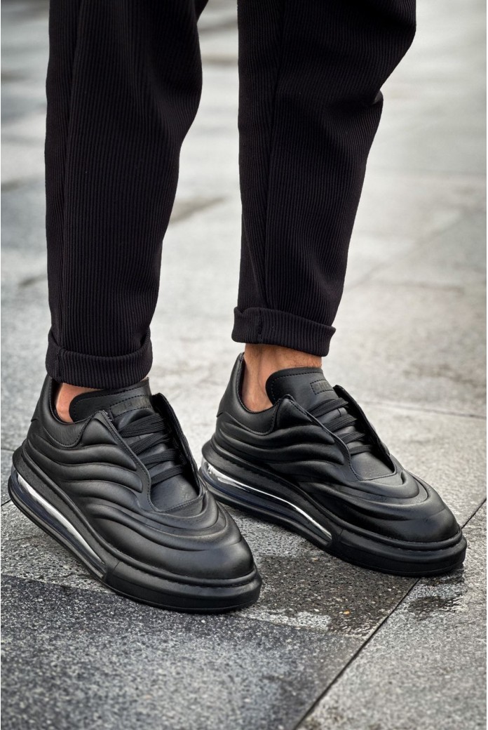 CH299 Sollıevos Erkek Günlük Bağcıklı Cilt Spor Sneaker Ayakkabı CST - Siyah