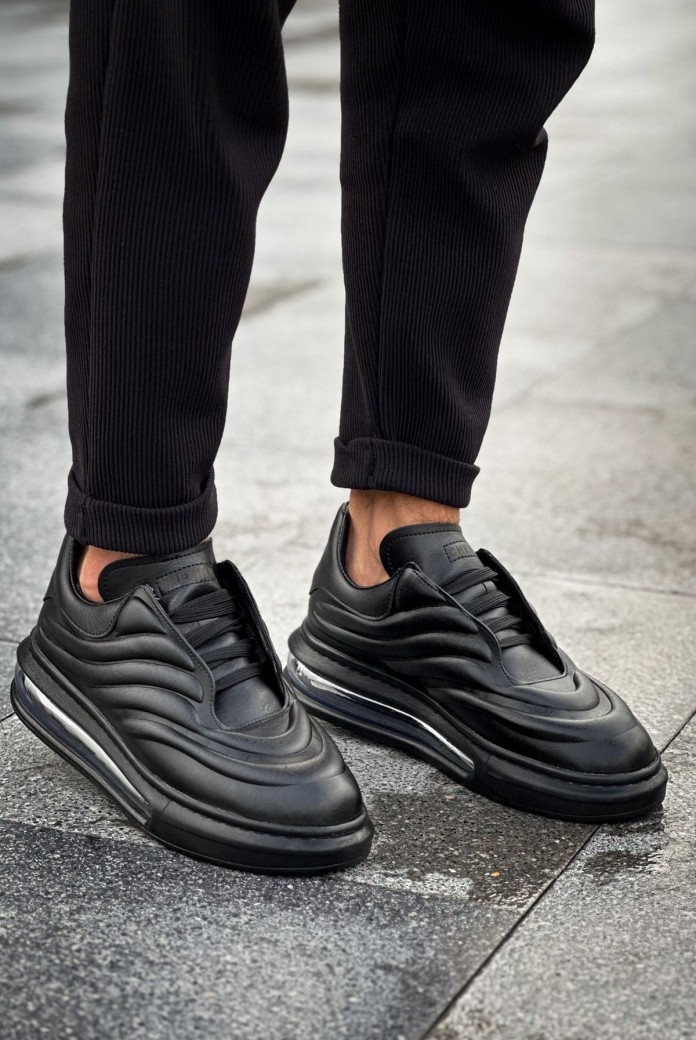 CH299 Sollıevos Erkek Günlük Bağcıklı Cilt Spor Sneaker Ayakkabı CST - Siyah