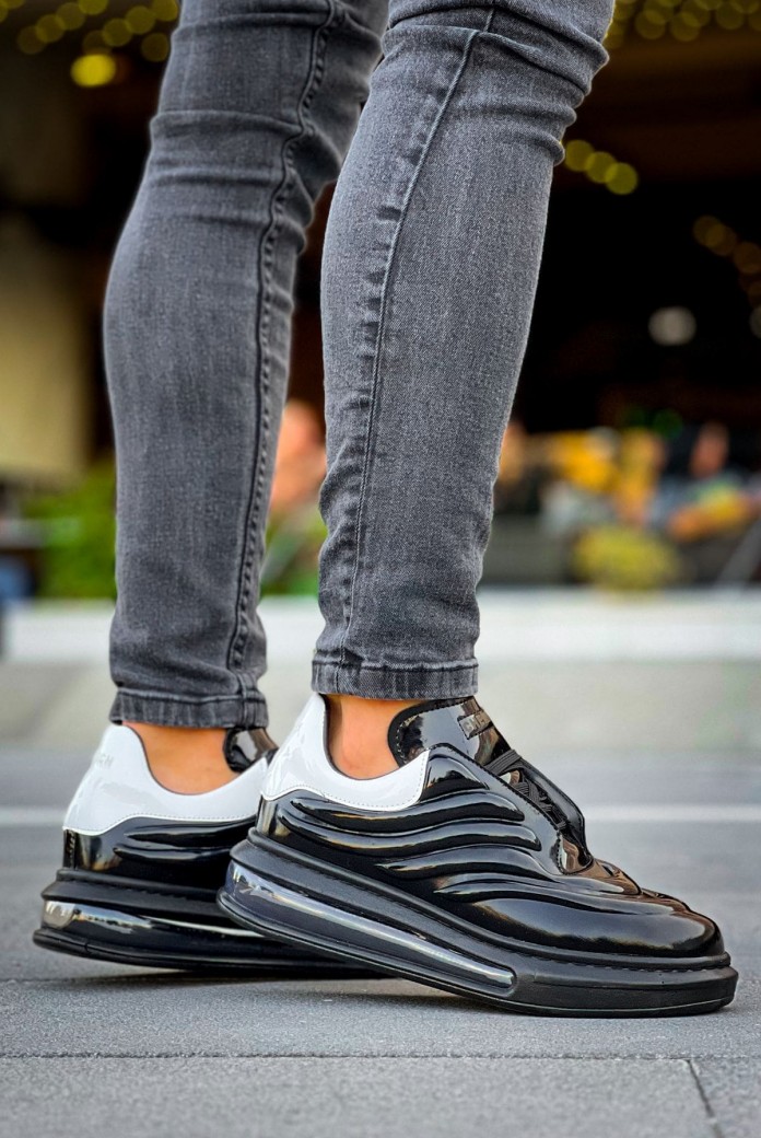 CH299 Sollıevos Erkek Günlük Bağcıklı Cilt Spor Sneaker Ayakkabı CST - Siyah/Beyaz