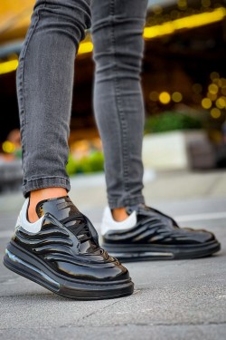 CH299 Sollıevos Erkek Günlük Bağcıklı Cilt Spor Sneaker Ayakkabı CST - Siyah/Beyaz