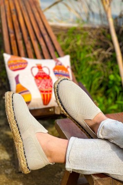 CH305 Erkek Günlük Bağcıksız Hasır Taban Triko Klasik Ayakkabı THT - Bej