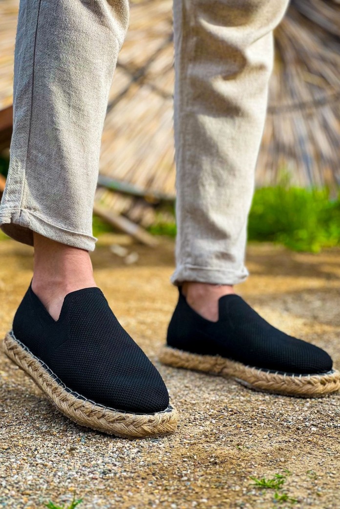 CH305 Erkek Günlük Bağcıksız Hasır Taban Triko Klasik Ayakkabı THT - Siyah
