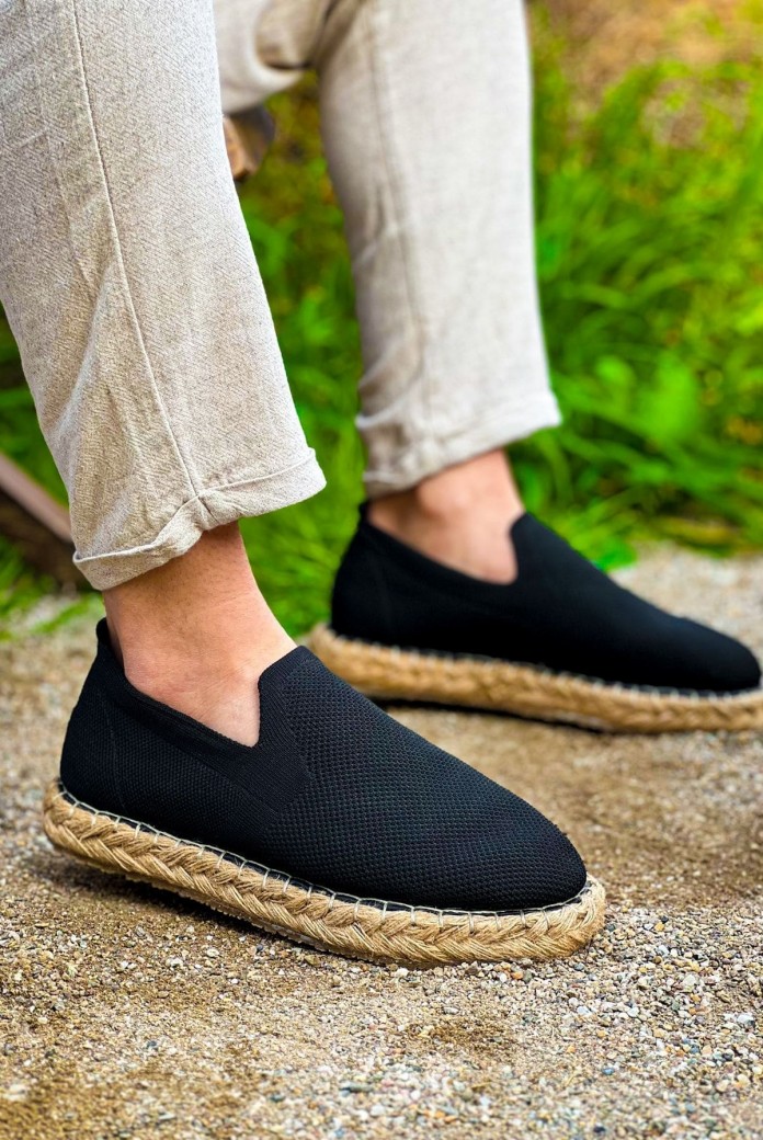 CH305 Erkek Günlük Bağcıksız Hasır Taban Triko Klasik Ayakkabı THT - Siyah