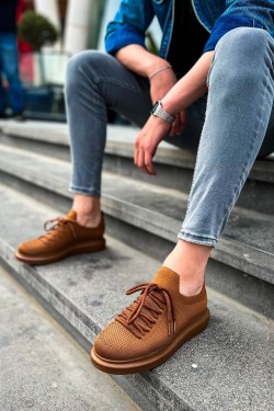CH307 Tricot Erkek Günlük Bağcıklı Triko Spor Sneaker Ayakkabı TKT - Kahverengi