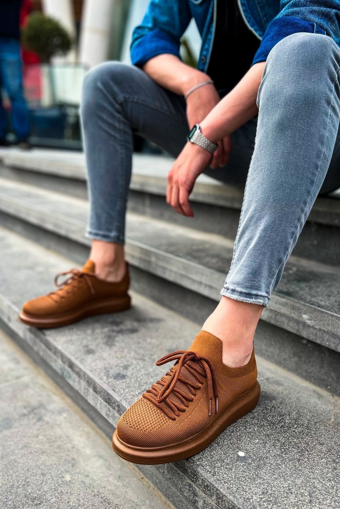 CH307 Tricot Erkek Günlük Bağcıklı Triko Spor Sneaker Ayakkabı TKT - Kahverengi