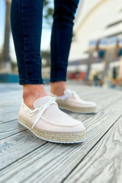 CH311 Espadril Erkek Günlük Bağcıklı Hasır Taban Triko Klasik Ayakkabı THT - Bej