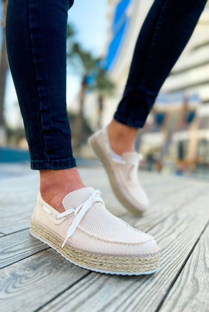 CH311 Espadril Erkek Günlük Bağcıklı Hasır Taban Triko Klasik Ayakkabı THT - Bej
