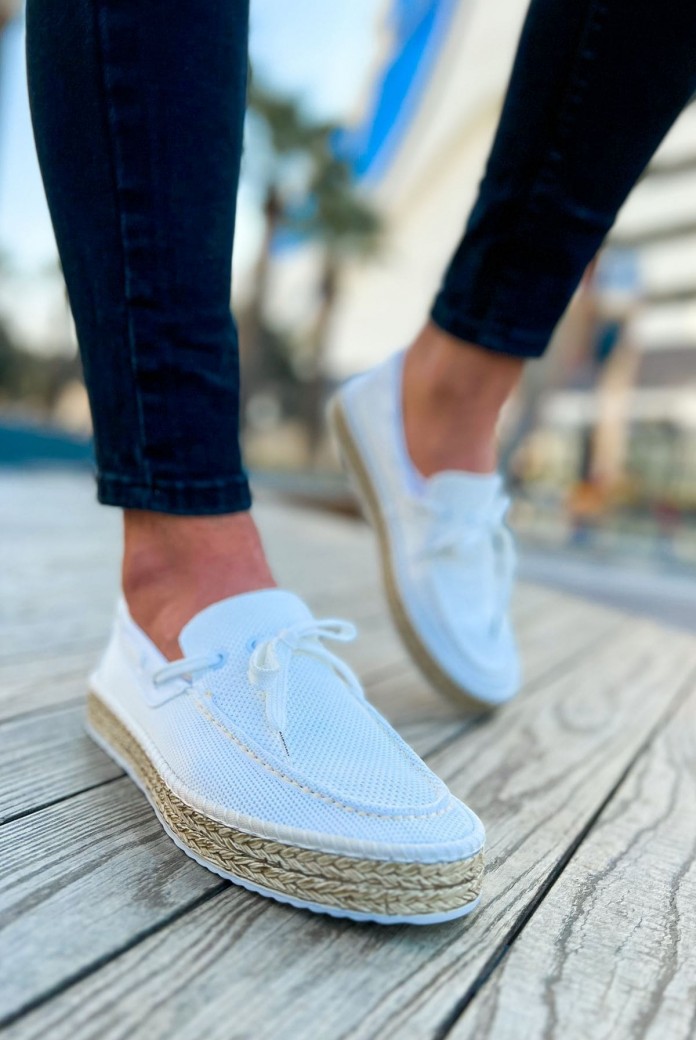 CH311 Espadril Erkek Günlük Bağcıklı Hasır Taban Triko Klasik Ayakkabı THT - Beyaz