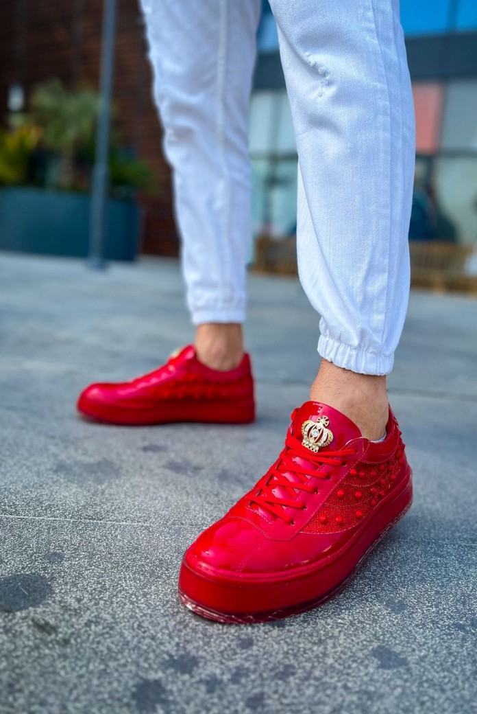 CH975 Majesty Erkek Günlük Bağcıklı Rugan Spor Sneaker Ayakkabı RKT - Kırmızı