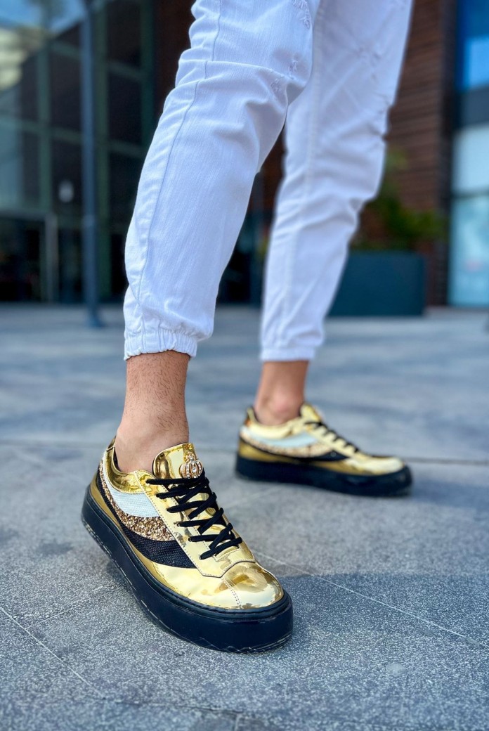 CH975 Majesty Erkek Günlük Bağcıklı Rugan Spor Sneaker Ayakkabı RST - Gold