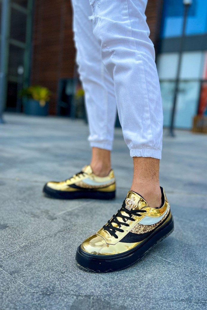 CH975 Majesty Erkek Günlük Bağcıklı Rugan Spor Sneaker Ayakkabı RST - Gold