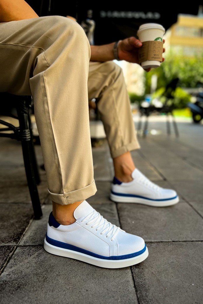 CH979 Santoni Erkek Günlük Bağcıklı Cilt Spor Sneaker Ayakkabı CBT - Beyaz/Mavi